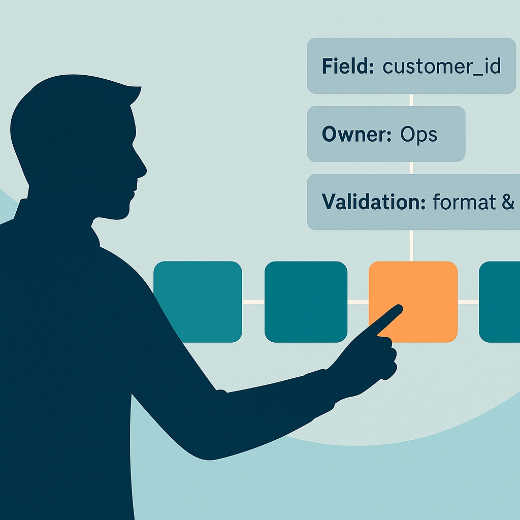 Stylized illustration of an operations manager auditing a highlighted hand-off block with clear field-level audit cards.