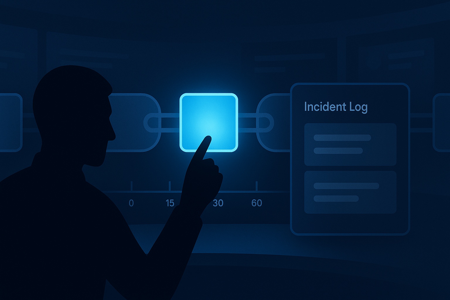 Stylized illustration of an incident commander pinning a glowing block in a system chain with a 0–60 min timeline.