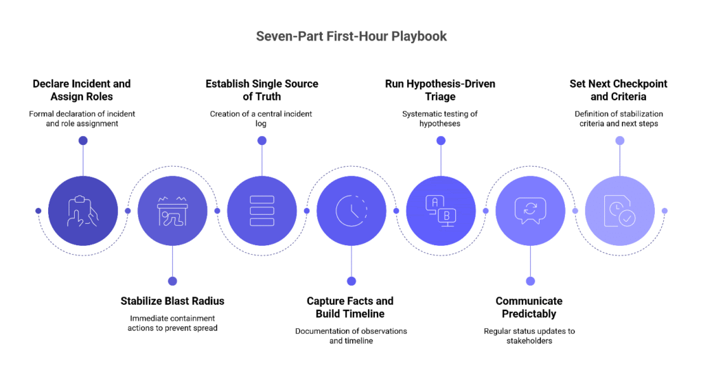 A seven-step infographic timeline showing structured first-hour response: declare incident, stabilize blast radius, establish source of truth, capture facts, run hypothesis-driven triage, communicate predictably, set next checkpoint.